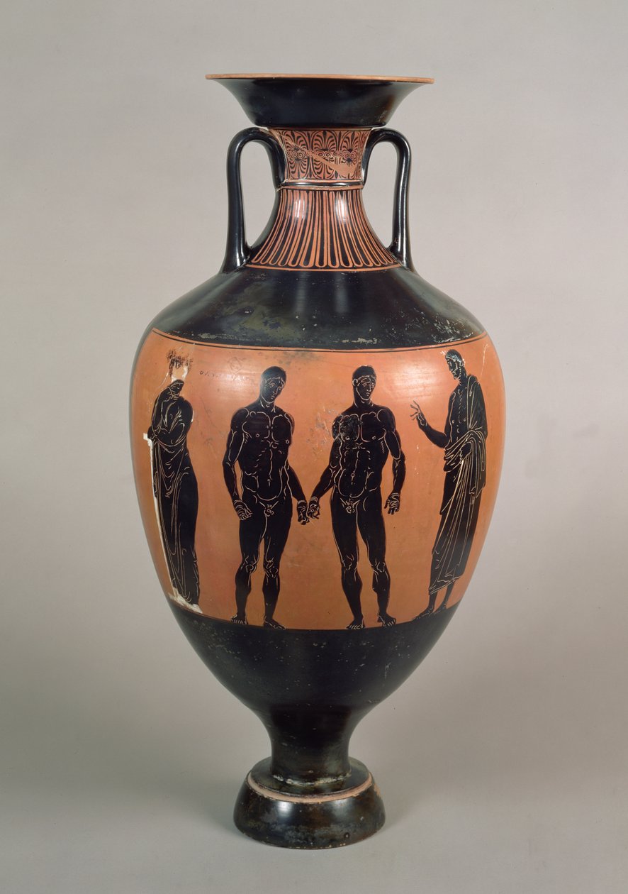 Black-figure Panathenaic奖双耳瓶，描绘两名拳击手，一名教练和Olympias，Attic，希腊，公元前340-339（陶瓷）（另见120115） 作者 希腊文