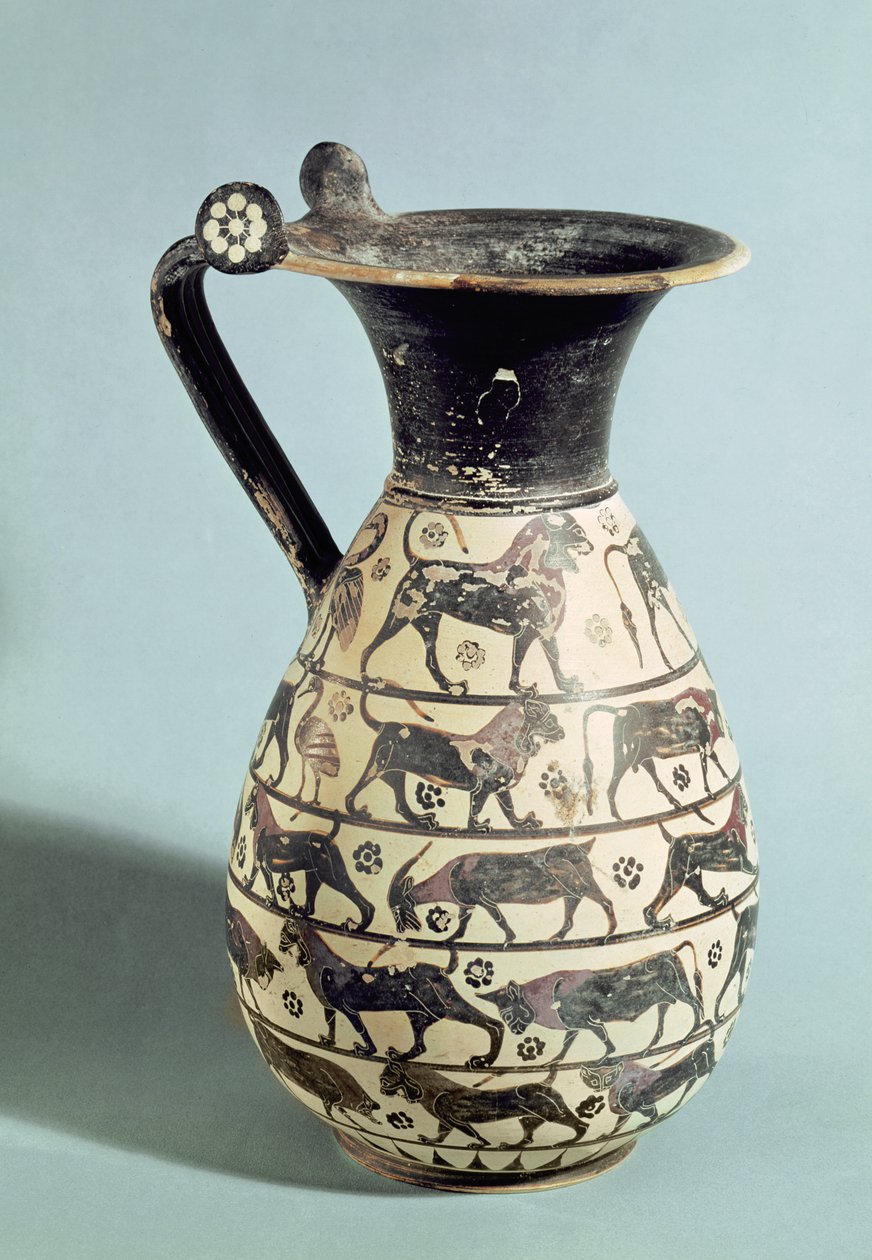科林斯式的oinochoe装饰着狮子，来自Vulci，公元前510  -  520年（陶瓷） 作者 希腊文