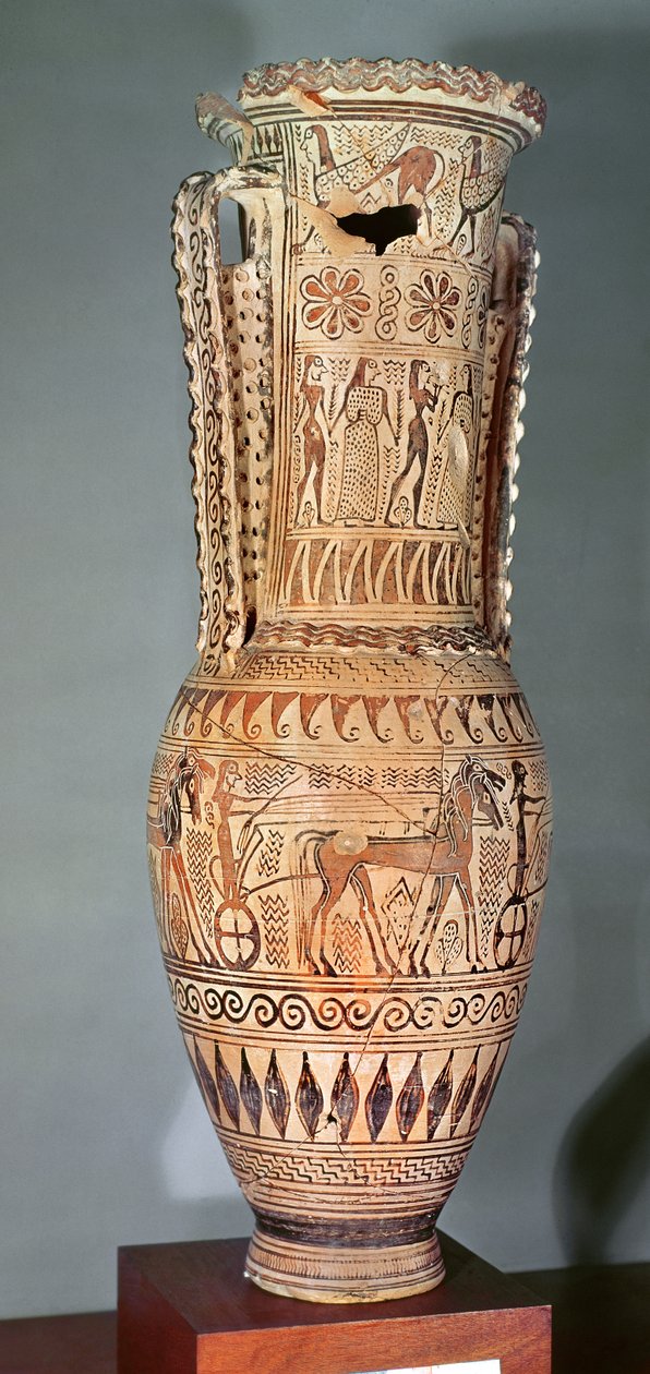 Loutrophoros描绘了狮身人面像，各种人物和战车游行，Proto-Attic，公元前690年（陶器） 作者 希腊文