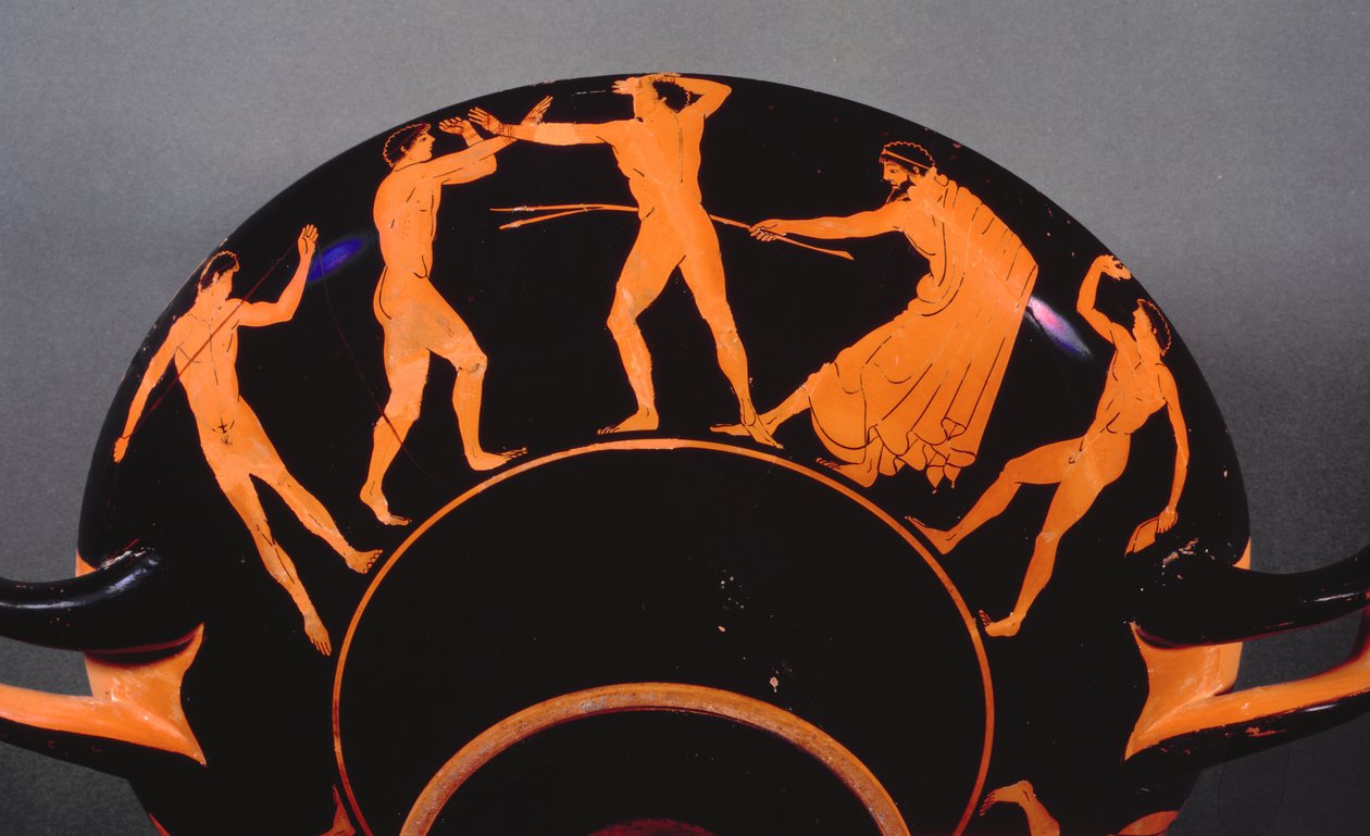 描绘运动员训练的红色图kylix，公元前500年（红色图陶器）（另见103374） 作者 希腊文