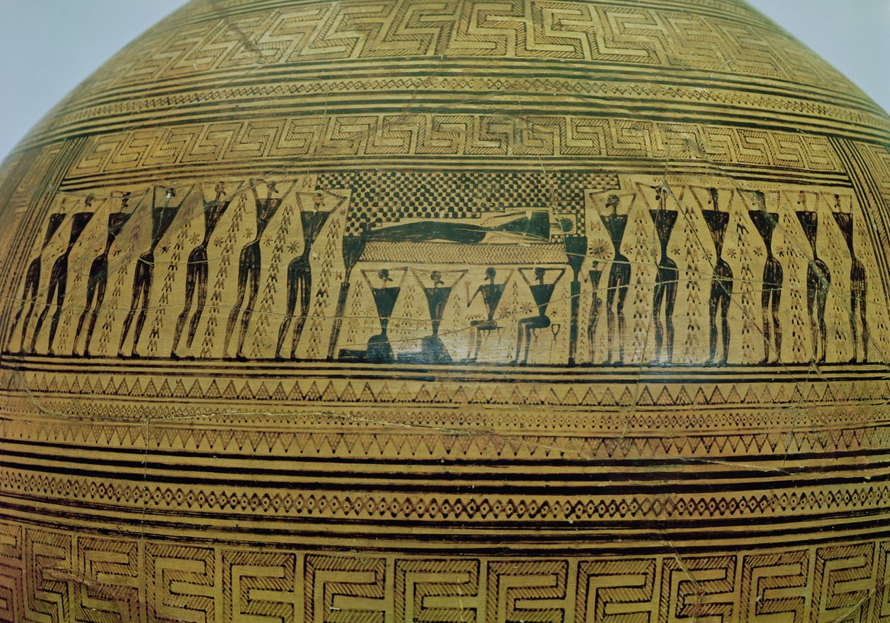 Dipylon Amphora，来自Kerameikos Necropolis的几何风格的葬礼瓮，葬礼场景的细节，雅典，公元前750年赤土陶器见88063 作者 希腊文