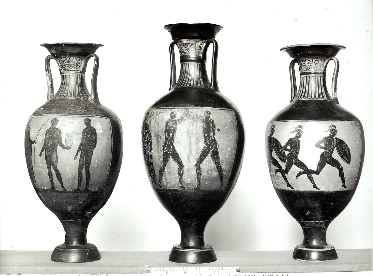 三个Panathenaic amphorae描绘一名运动员获得奖杯，拳击手和运动员，公元前580-520（陶瓷） 作者 希腊文