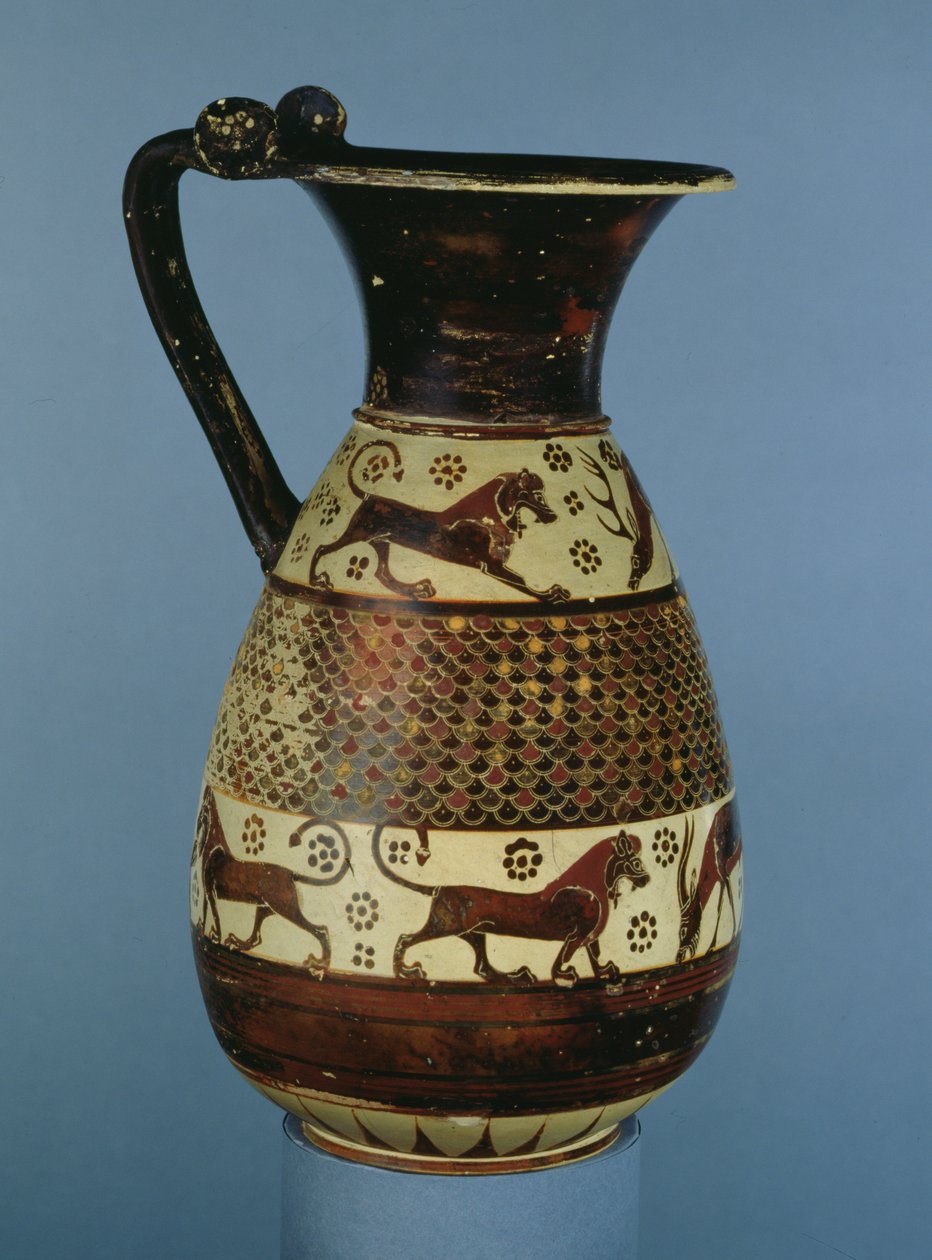 过渡性Protocorinthian-Corinthian橄榄，装饰有动物楣，来自Camirus，Rhodes，c.640-625 BC（陶瓷） 作者 希腊文