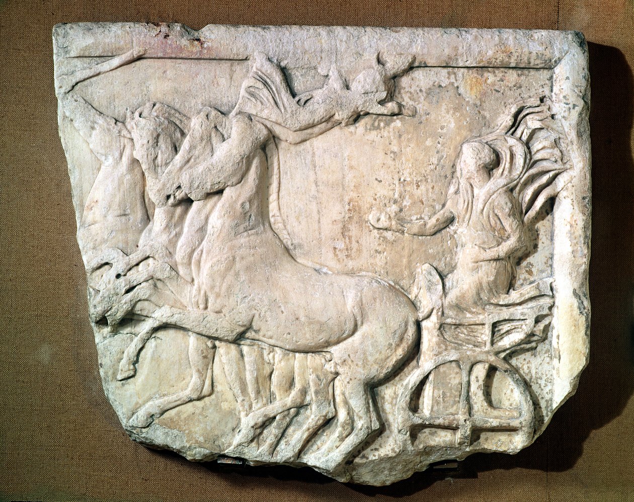 在Panathenaic Games（大理石）的四匹马战车比赛中纪念胜利的奉献救济 作者 希腊文