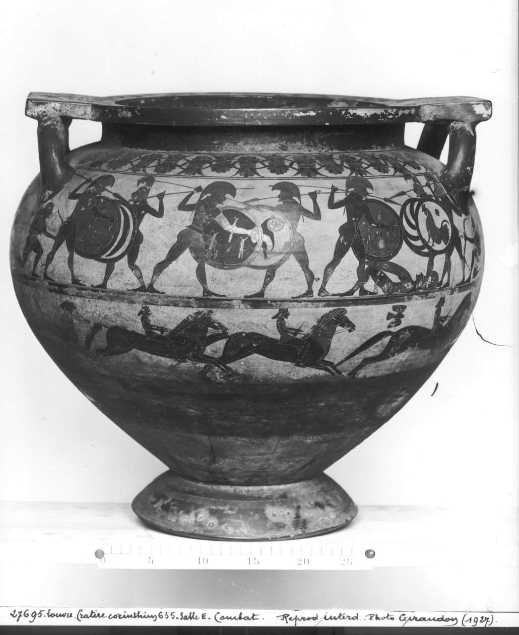 勇士队战斗，逆转&39;Krater of Eurytios&39;，科林斯式，来自Cerveteri，公元前600年（陶器） 作者 希腊文