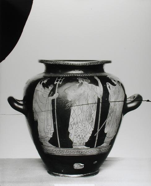 描绘波塞冬，宙斯和赫拉的阁楼红色图stamnos，公元前525-400（陶器） 作者 希腊文