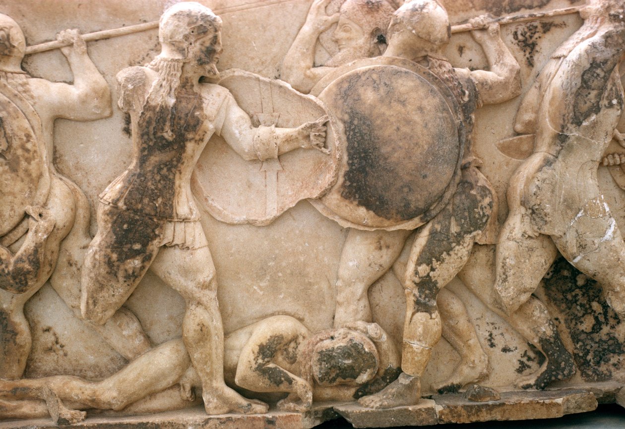 战胜Patroclus的尸体，来自Siphnian Treasury的楣，公元前550年（大理石） 作者 希腊文