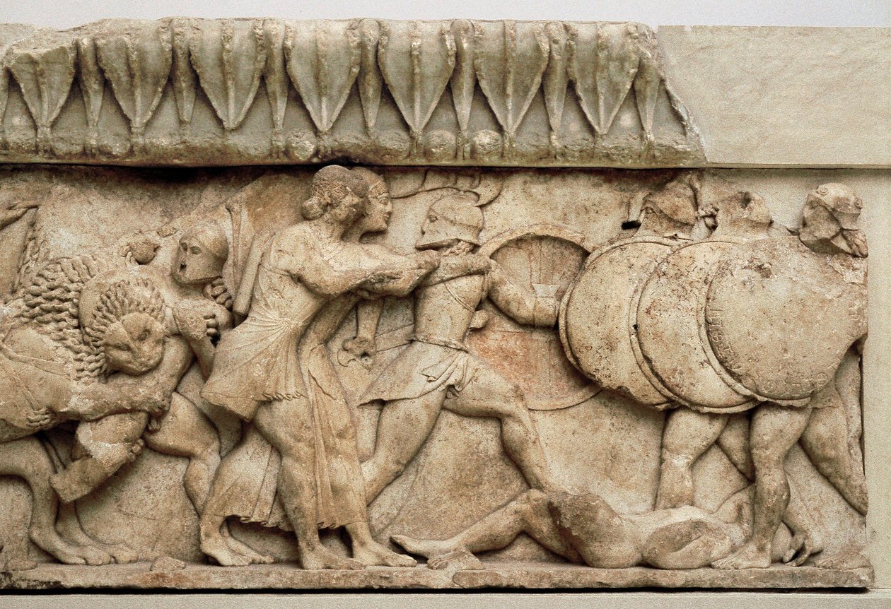 Gigantomachy：公元前 525 年，当阿波罗和阿尔忒弥斯与巨人作战时，Cybele 的狮子吞噬了一个巨人 作者 希腊文