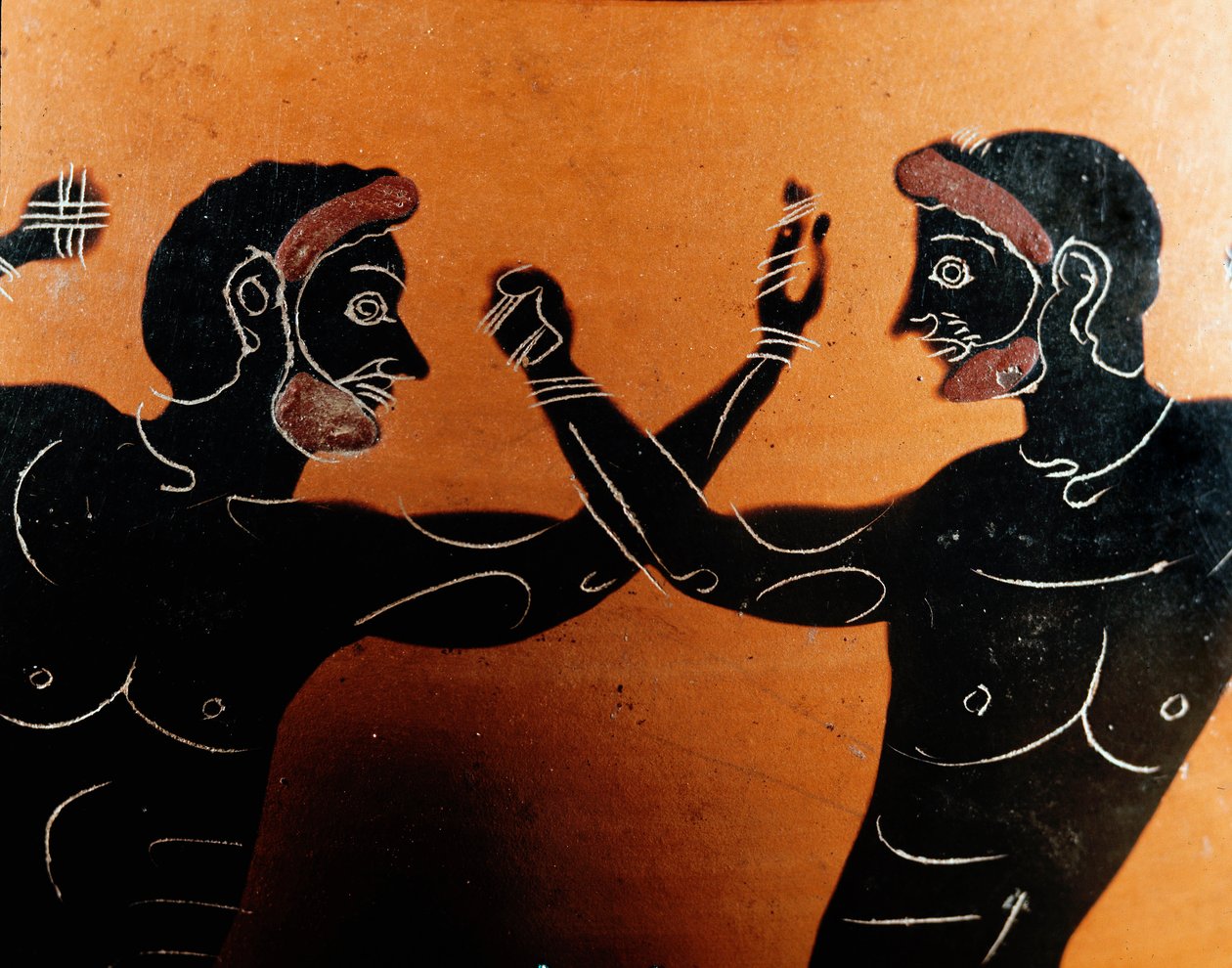 希腊艺术：Panathenaic 兵马俑双耳瓶：描绘普吉拉特之战的细节。 Vulci战士的坟茔。 公元前 6 世纪。 罗马，朱利亚别墅国家博物馆 作者 希腊文