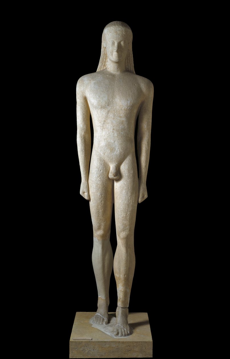希腊艺术：Kouros 雕像，古代时期（公元前 650-500 年）年轻人的雕塑，公元前 530-520 年，来自梅洛斯，昏暗。 1,94 m - 雅典娜，国家考古博物馆 - Kouros - 古希腊雕塑（公元前 650-500 年），来自梅洛斯，公元前 530-520 年（H.194 厘米）- Natio 作者 希腊文