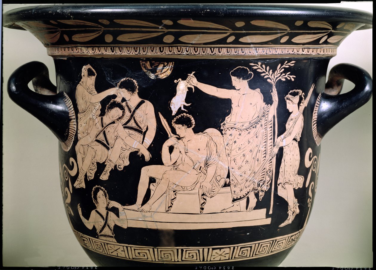 在德尔福的阿波罗神殿中，Orestes作为一个支持者，详细信息来自Attic red-figure krater，归因于92567的Apulian Eumenides Painter陶器细节 作者 希腊文