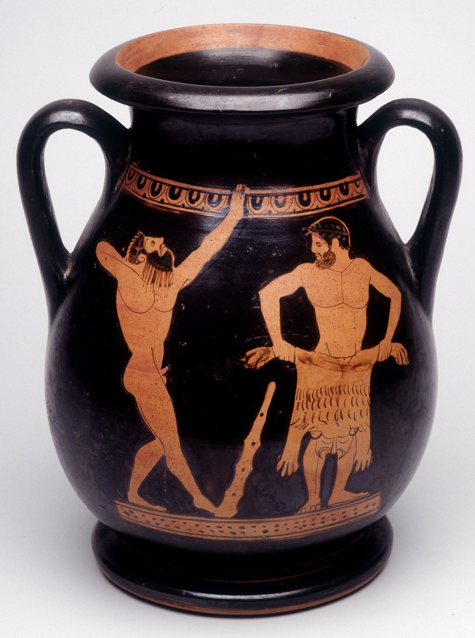 花瓶上的绘画。赫拉克勒斯（Hercules）正准备给狮子的皮肤穿上衣服，他左边的一个运动员正在热身。公元前490年。BNF, 勋章办公室。 作者 希腊文