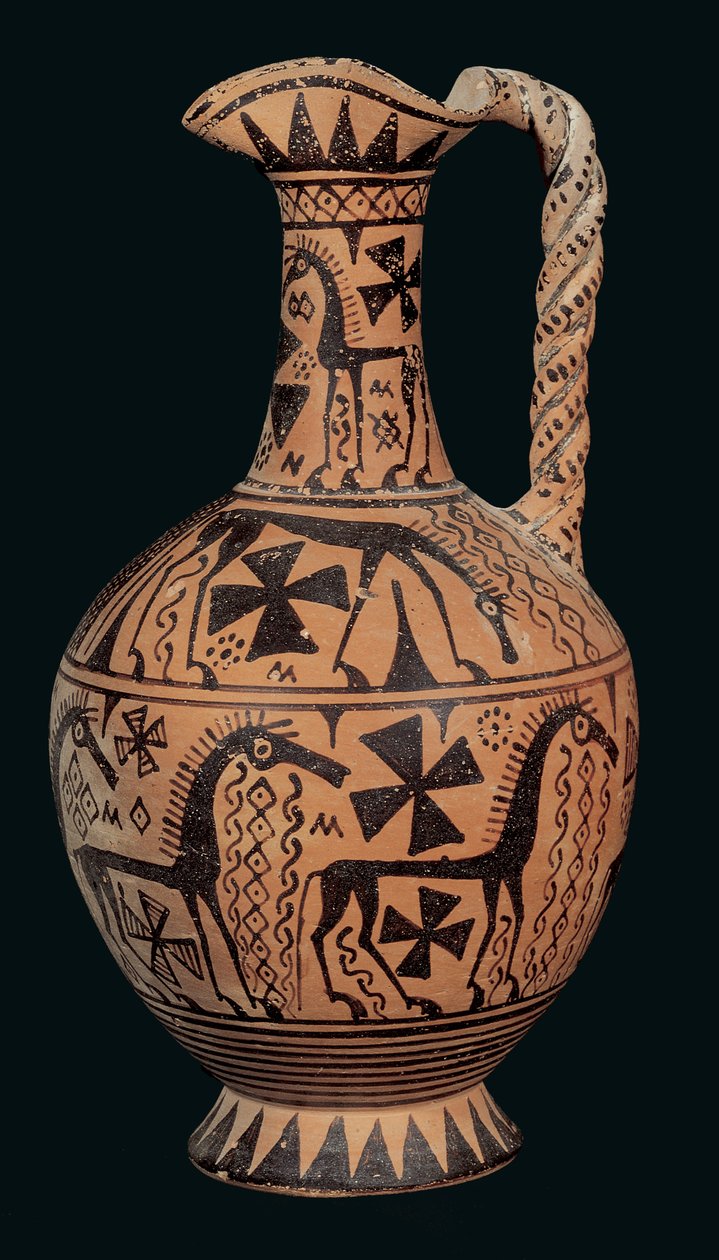 三叶草口oinochoe装饰着马，来自Skyros，Sporades，东方化时期（公元前675-650）（彩绘粘土） 作者 希腊文