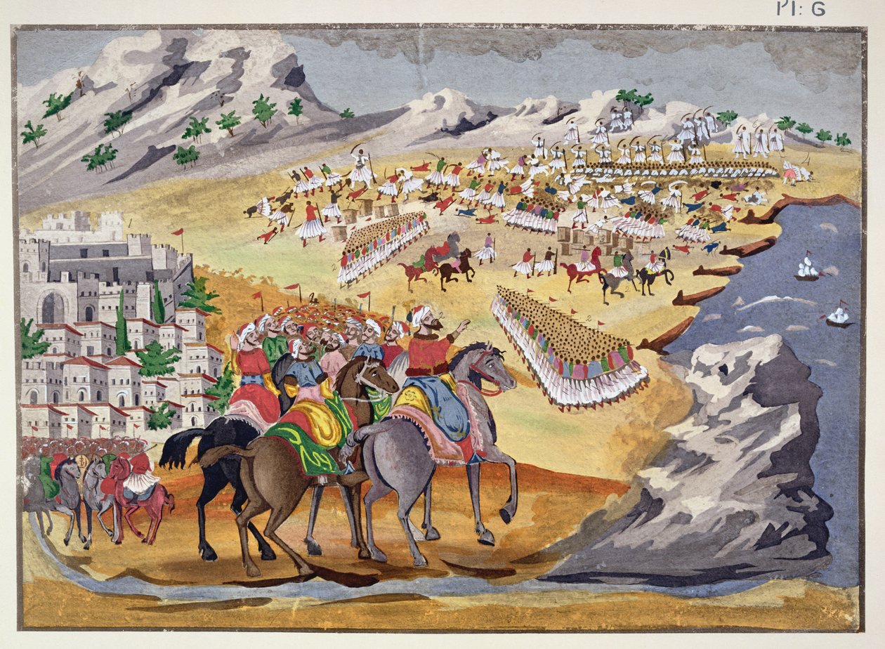 1821年，由希腊独立战争画报史上的兰加达和康泊提亚战役 作者 希腊学派