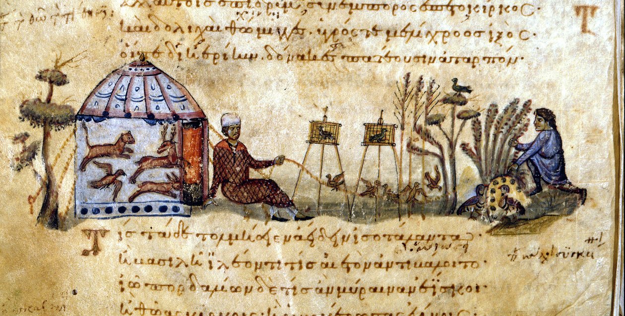 鸟类的叫声--在奥皮亚努斯的《De venatione》中，13世纪的希腊手稿。Biblioteca Marciana.威尼斯 作者 希腊学派