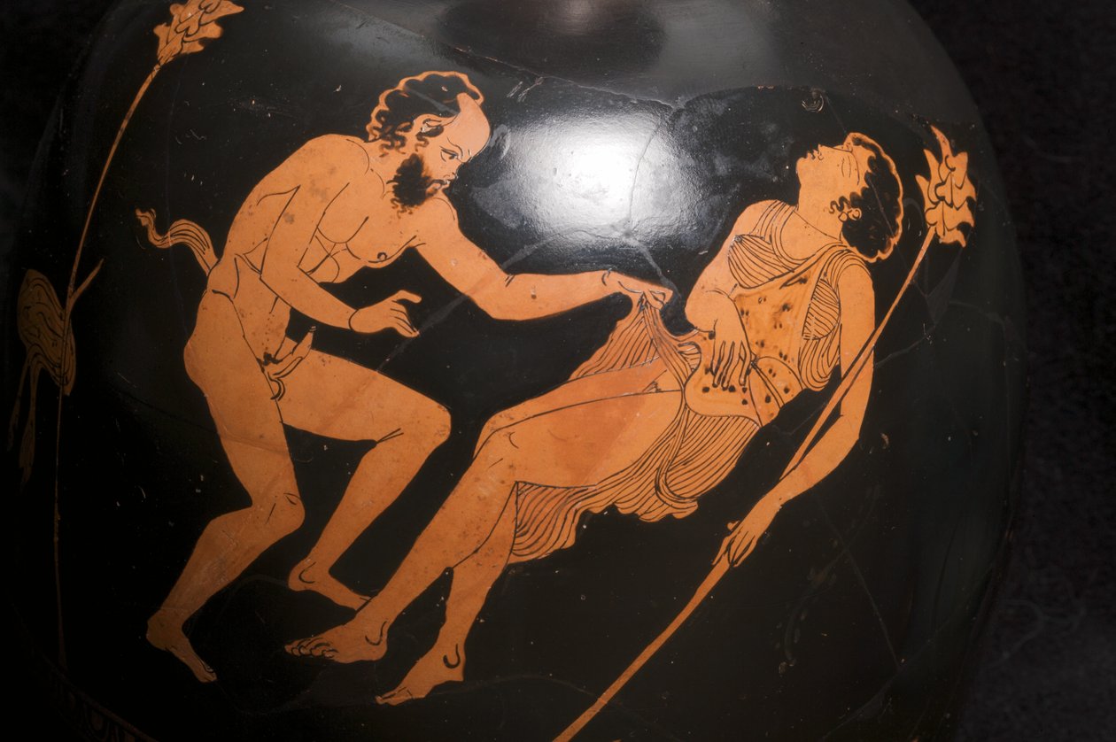 一个红色人物蹲坐的lekythos（兵马俑）细节（另见 325673） 作者 希腊学派