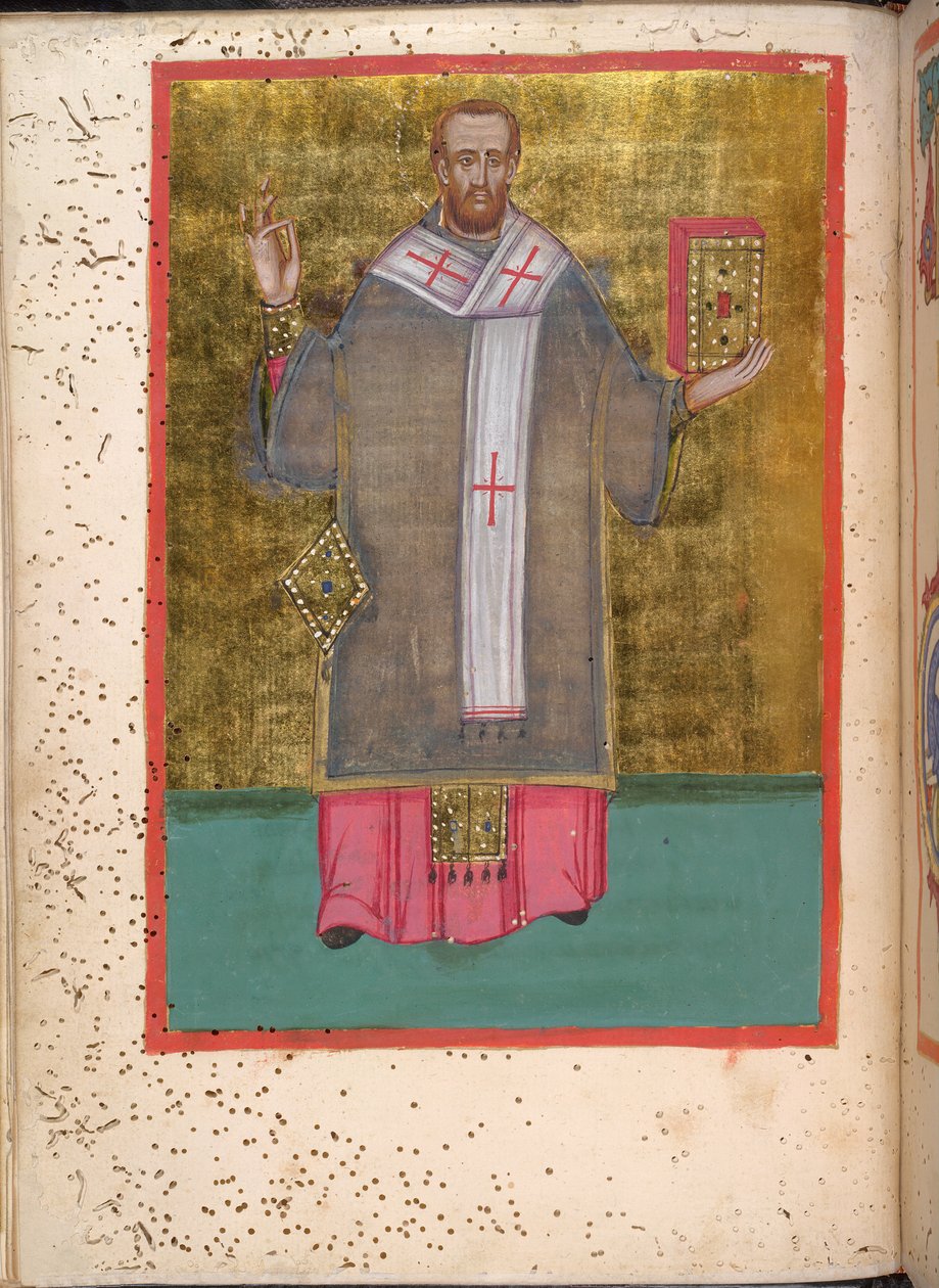 Egerton 2392，f.5v，"Leitourgikon，包括祝圣仪式和祈祷文 "中的约翰-金口站立手持书本的缩影 作者 希腊学派