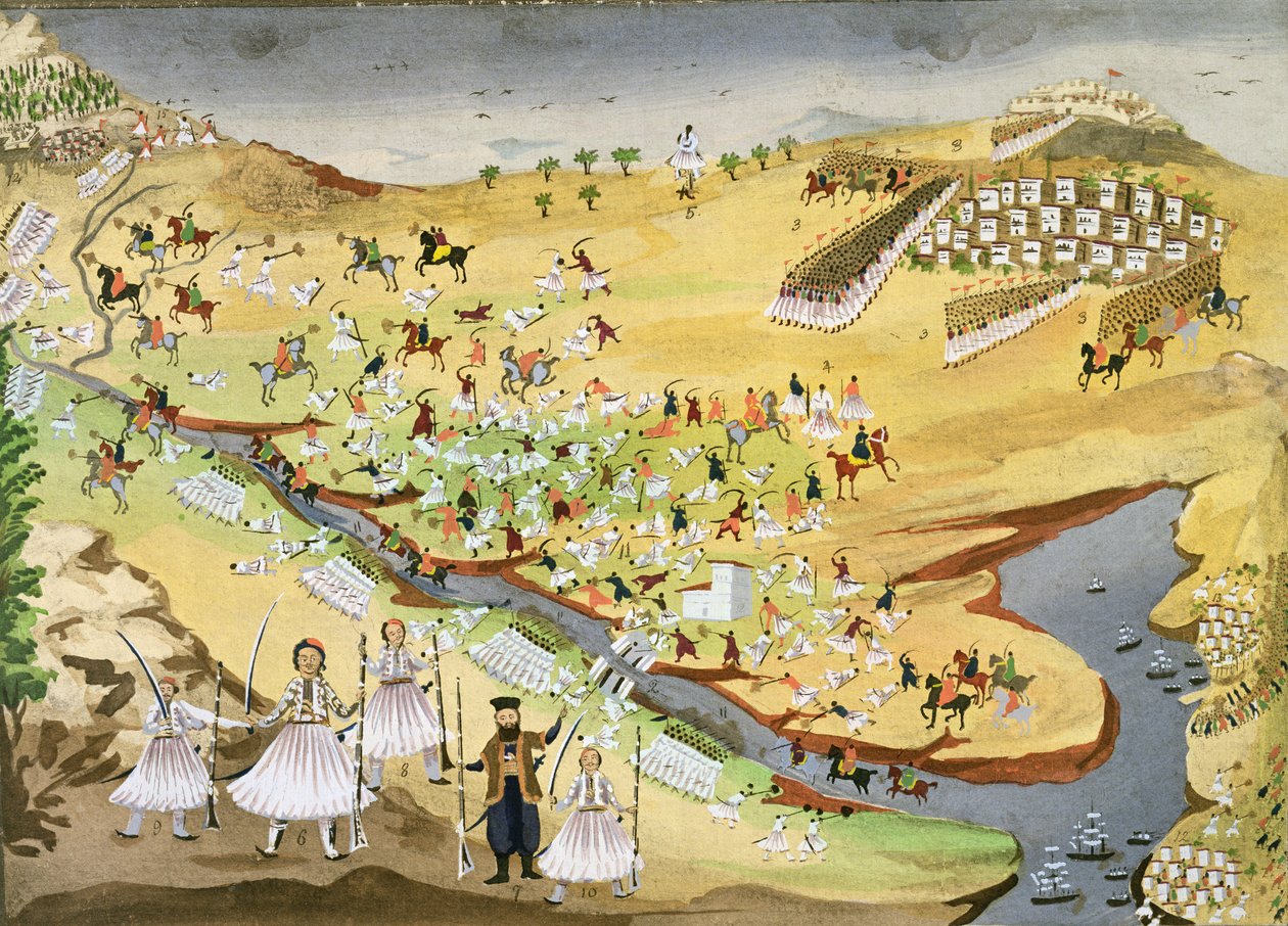 希腊人和土耳其人之间的第一次战斗，在1821年的阿拉玛纳大桥，从希腊独立战争的绘画史 作者 希腊学派