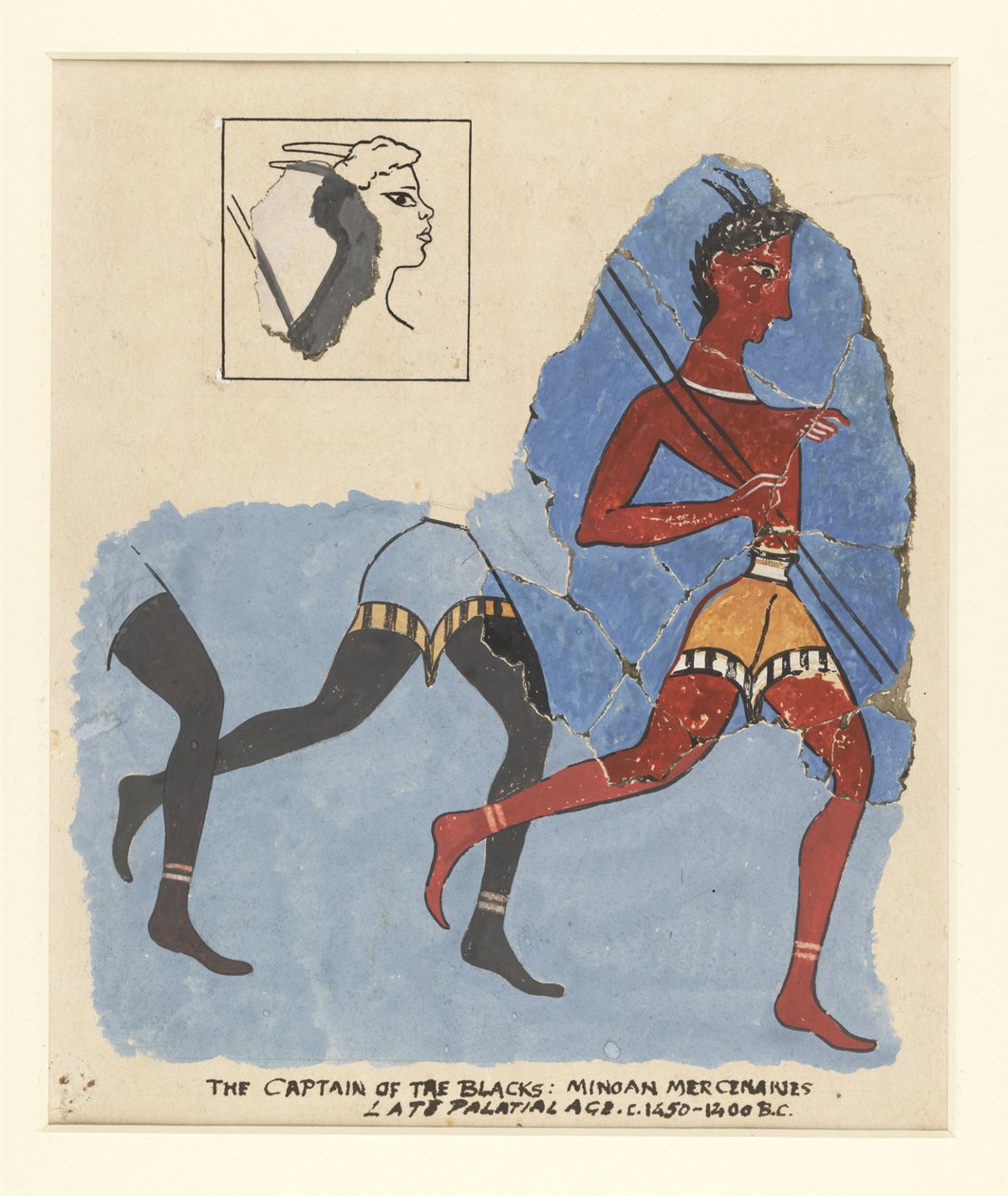 来自Knossos的壁画片段，带有现代修复体;奔跑的士兵，公元前1450-1400 作者 希腊学派