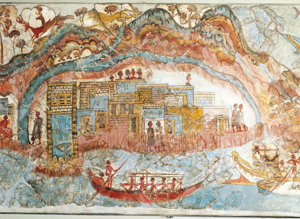 描绘希腊圣托里尼特拉岛阿克罗蒂里的船只游行的壁画，细节，沿海城镇 作者 希腊学派