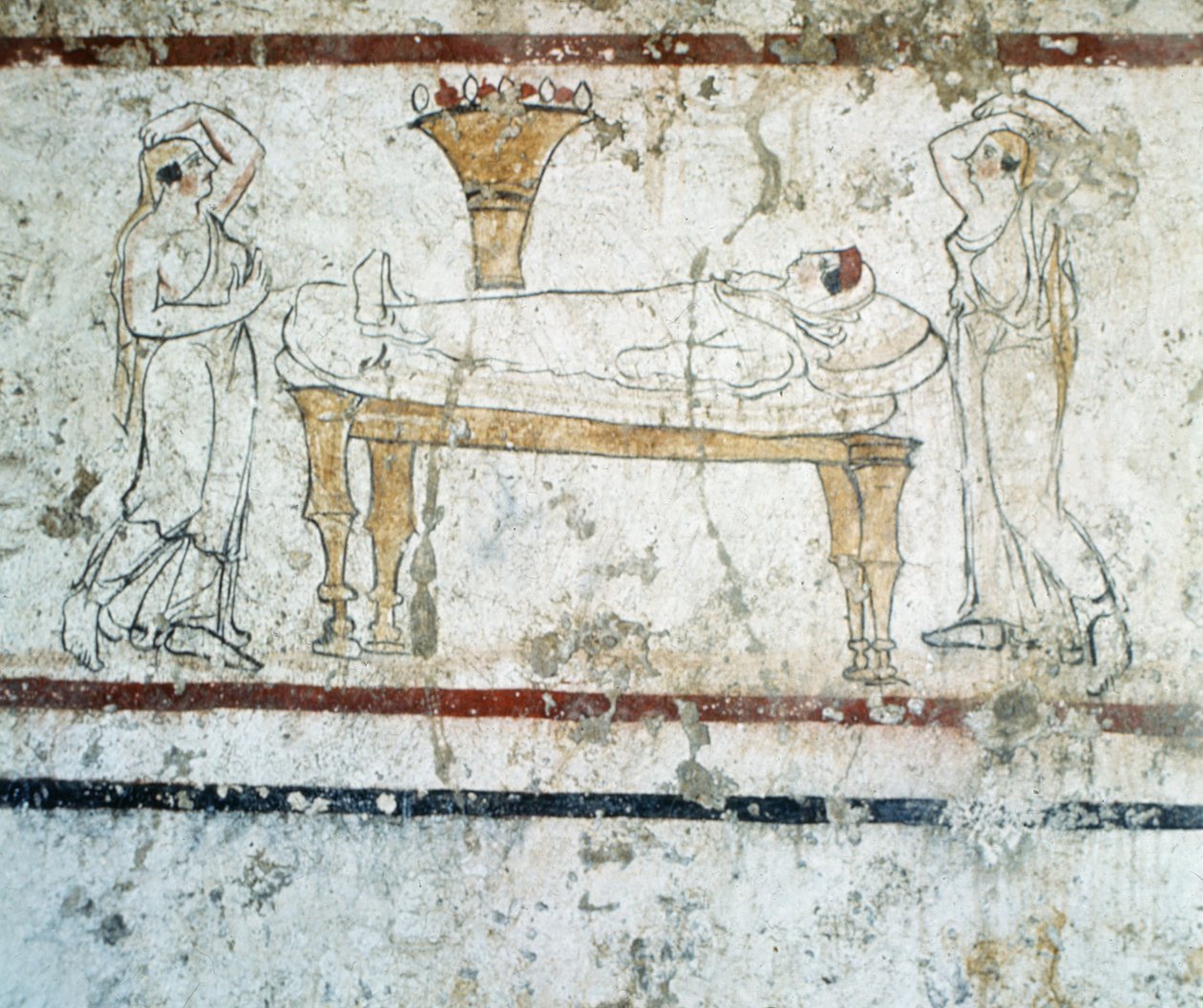 Gaudo Necropolis，Lucanian壁画坟墓绘画描绘死者在她的临终，公元前340年 作者 希腊学派