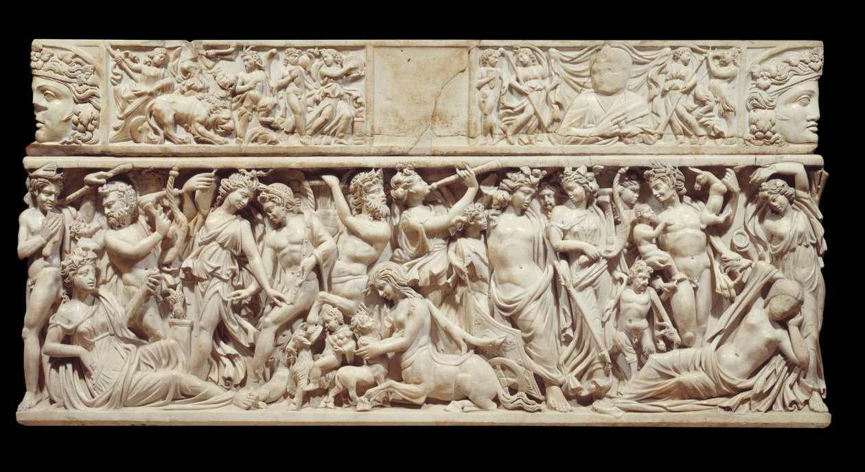 Greek art: relief sculpted on marble of a sarcophagus depicting Dionysus (or Bacchus) discovering sleeping Ariane. The deity is accompanied by her cortege of satyres. 230 AD. From Saint Medard d
