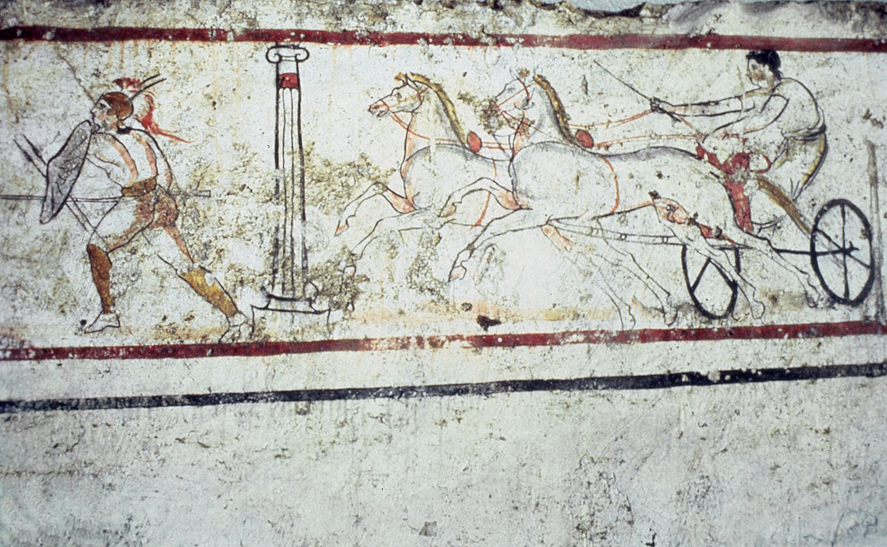 Lucanian壁画坟墓绘画描绘一个角斗士和一个人在战车上，Paestum公元前350-330 作者 希腊学派