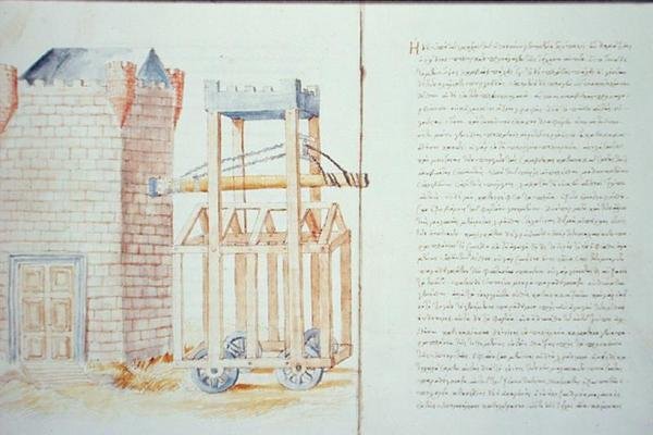 亨特女士 220 f.4v, 5r 撞锤，出自《De Machinis》，由诺克拉蒂斯的雅典娜撰写（纸上墨迹）。 作者 希腊学派