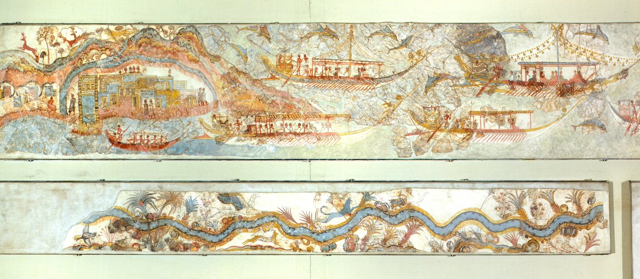 海军探险和河流景观，阿克罗蒂里壁画，锡拉岛（今圣托里尼岛），希腊，米诺斯文明 作者 希腊学派