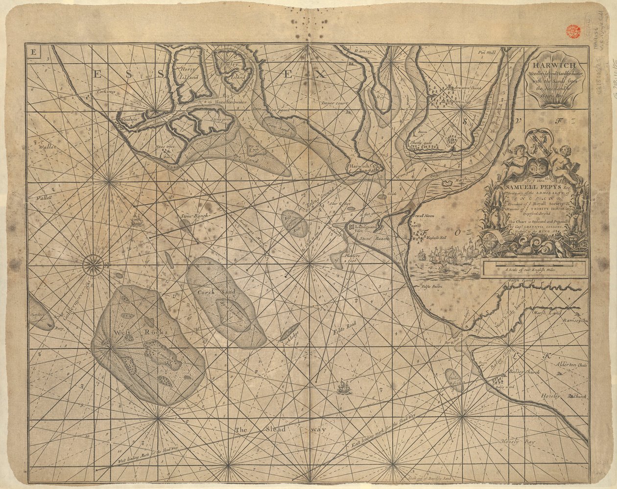 1686 年格林维尔-柯林斯船长绘制的北海海图，献给 "尊敬的塞缪尔-佩皮斯先生"。 作者 格林威尔·柯林斯