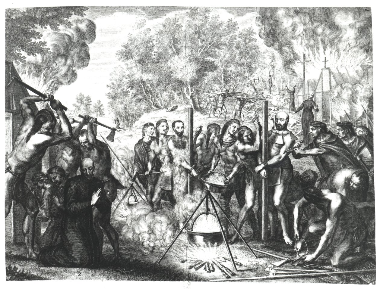 法国Nouvelle的一些耶稣会教父的死亡，来自Francois Ducreux的“Historiae Canadensis”，于1664年出版 作者 格雷戈尔·赫雷特
