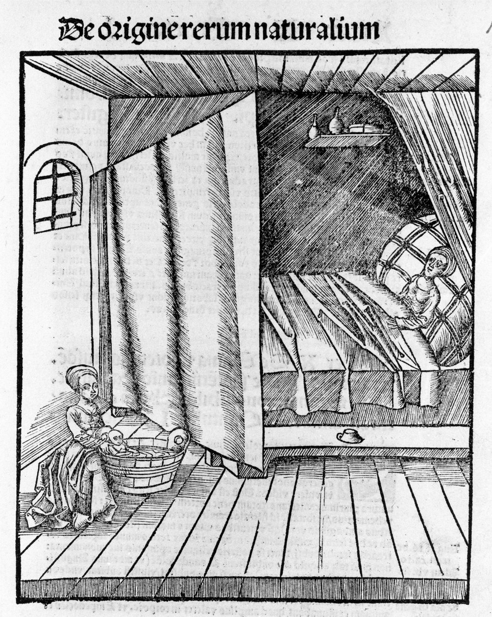 助产士在母亲休息时清洁刚出生的婴儿。 雕刻 - 巴塞尔 Gregor Reisch（1467-1525）的“玛格丽塔哲学” 作者 格里戈里斯