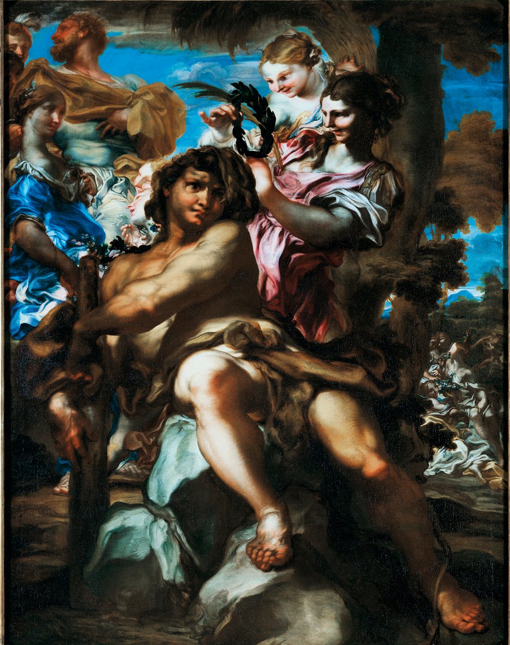 Hercules welcomed in Olympus Representation of the Apotheosis of Hercules (Heracles) welcomed among the gods on Olympus, it is a crown of laurels. Painting by Gregorio De Ferrari (1647-1726) Private Collection 作者 格雷戈里奥·德法拉利