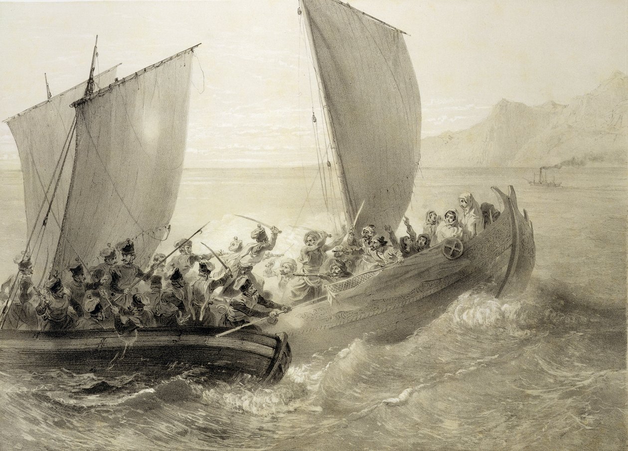 Azov Cossacks在Adolphe Bayot（1810-66）和Leon Sabatier（fl.1827-87）酒吧中，在黑海海岸登上了一个充满Cherkessk妇女的土耳其海盗船。作者：Alfred Leon Lemercier，1847（ 作者 格里戈里·格里戈列维奇·加加林