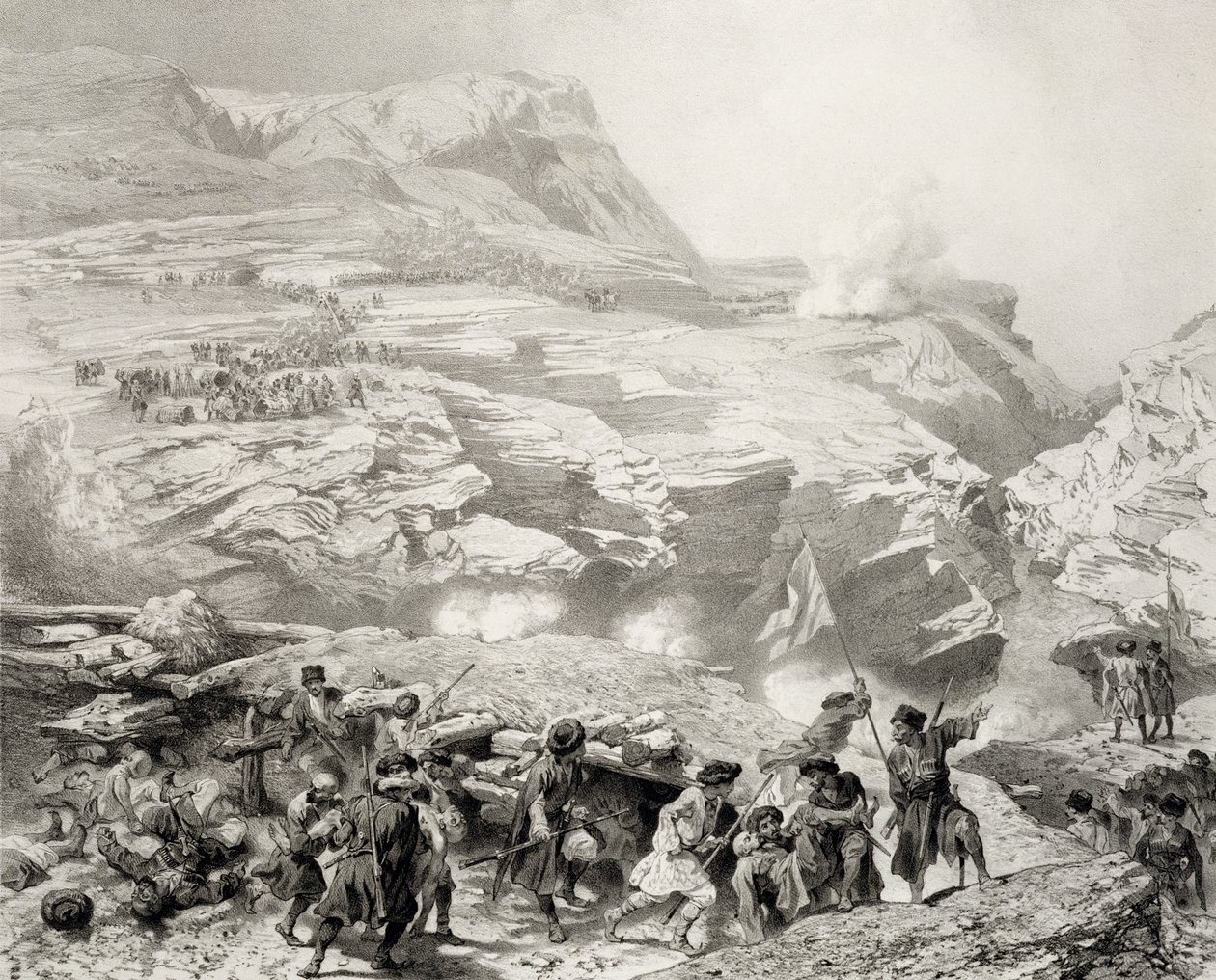 达赫斯坦Akhati的Soulak通行证，61号高加索地区的书籍，由Eugene Ciceri（1813-90）和Adolphe Jean-Baptiste Bayot（1810-66）雕刻，由Alfred Leon Lemercier出版，巴黎，1847年（Lith 作者 格里戈里·格里戈列维奇·加加林