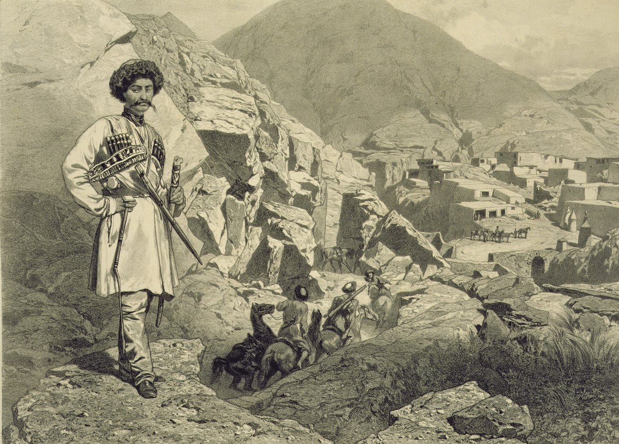 抵达达吉斯坦Tsatanykh，12号高加索地区的一本书，由Jules Didier（1831-92）刻，由Alfred Leon Lemercier，巴黎出版，1847年 作者 格里戈里·格里戈列维奇·加加林