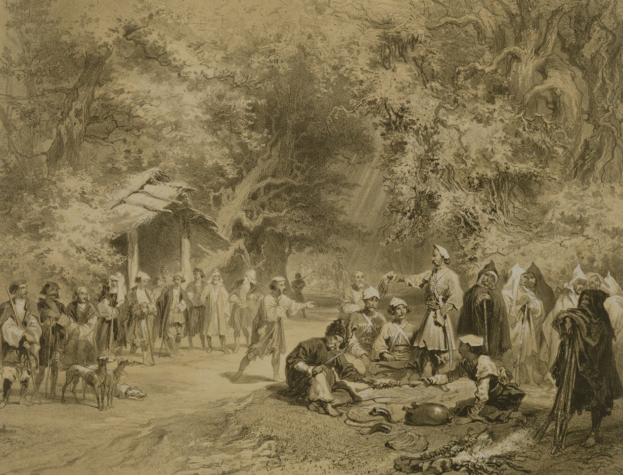 狩猎结束，明雷利亚，高加索地区的一本书，由Adolphe Mouilleron（1820-81）雕刻，由Alfred Leon Lemercier，巴黎出版，1847年 作者 格里戈里·格里戈列维奇·加加林