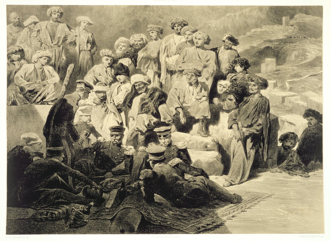 达吉斯坦Sioukh废墟中的军事用餐，高加索地区的一块69号板块，由Celestin Francois Nanteuil（1813-73）刻，由Alfred Leon Lemercier出版，巴黎，1847年 作者 格里戈里·格里戈列维奇·加加林