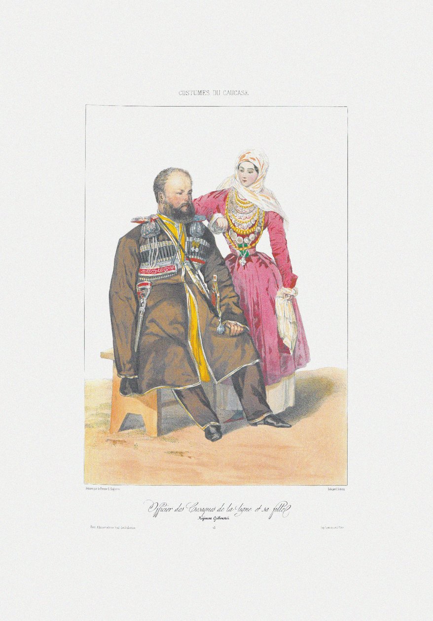 泰瑞克·哥萨克（Terek Cossack）与女儿来自：场景，酬金，考尔卡斯（Caucase）和服装，1840年 作者 格里戈里·格里戈列维奇·加加林