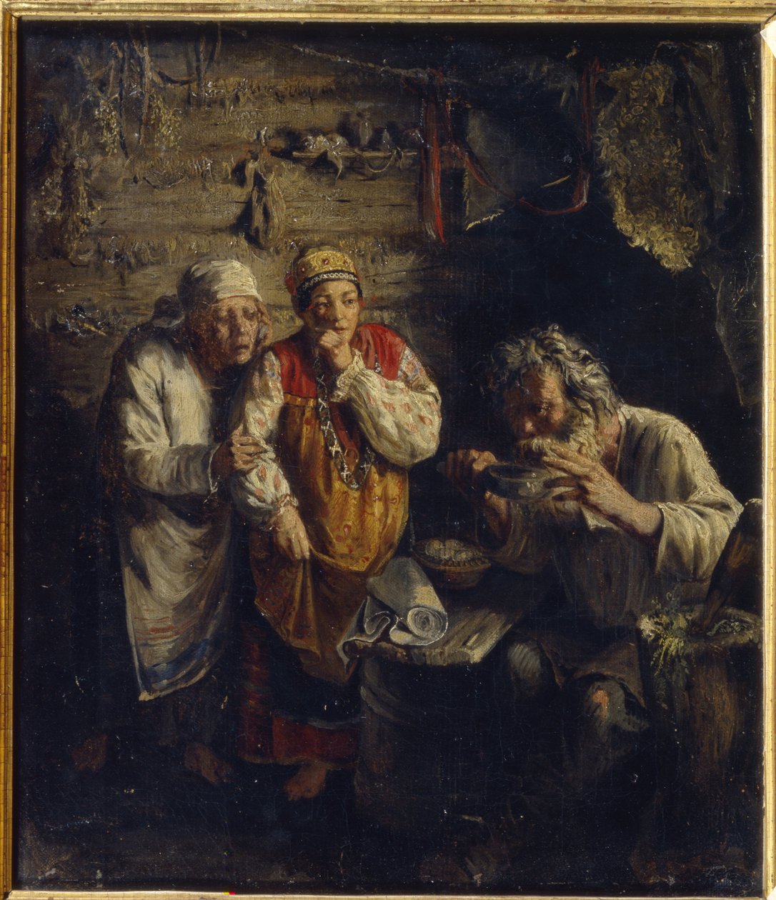 La guerisseuse (Witch Doctor). Dans une cabane pauvre et rurale, deux femmes aux pieds nus et habillees de robes folkloriques observent avec anxiete un vieil homme boire un remede a base de plantes, a cote de lui un pilon pour preparer les melanges medicin 作者 格里戈里·格里戈里耶维奇·米亚索多夫