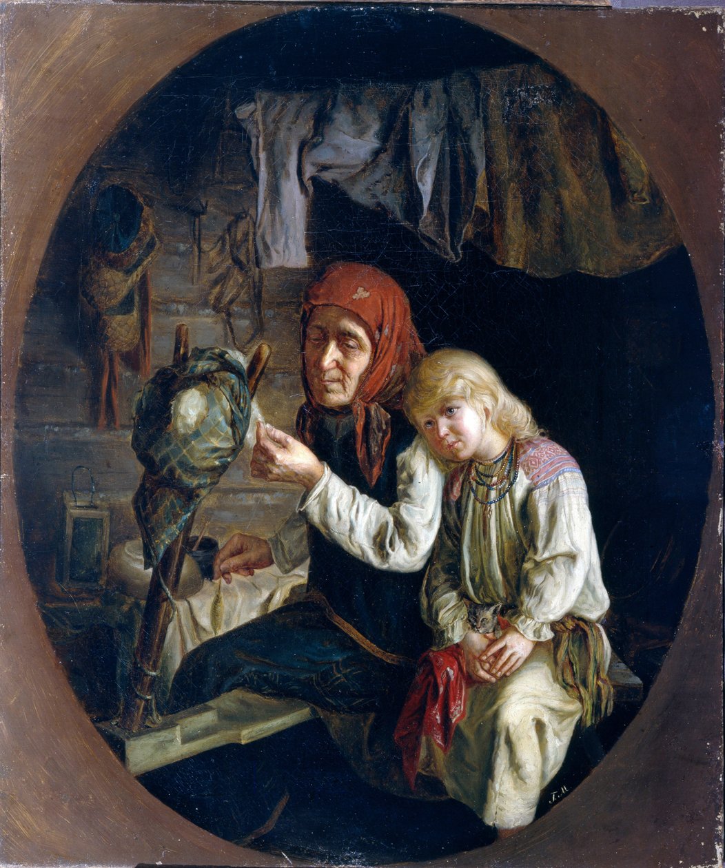纺纱课 - 纺纱课 - 格里戈里 (Grigoriy, Grigory) Grigoryevich Myasoyedov (Myasoedov, Miasoedov) 绘画 (1834-1911)，布面油画 作者 格里戈里·格里戈里耶维奇·米亚索多夫