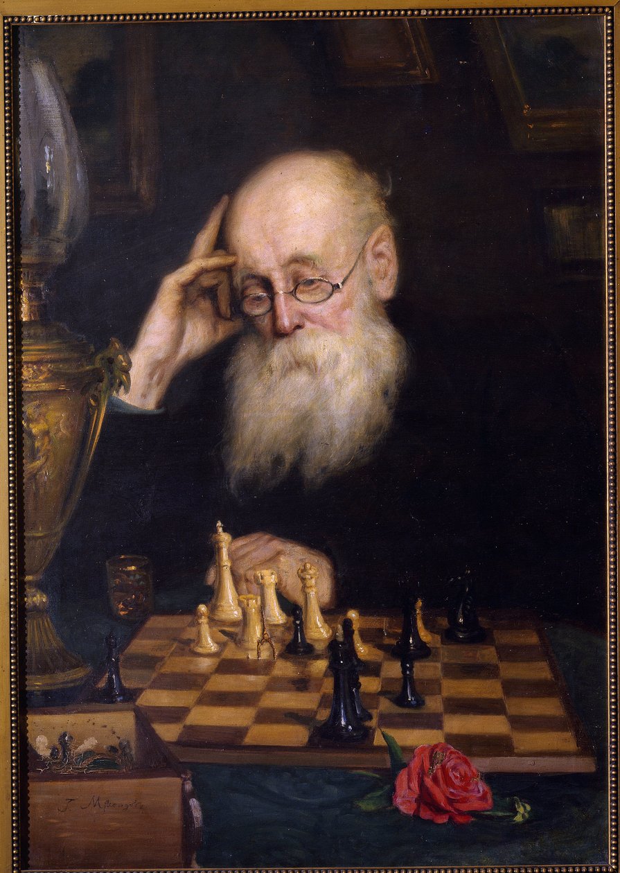 Les echecs contre soi meme（与自己下棋）。格里戈里（格里戈里，格里戈里）-格里戈里耶维奇-米亚索耶多夫（Myasoedov，Miasoedov）（1834-1911 年）的绘画，纸上油画 作者 格里戈里·格里戈里耶维奇·米亚索多夫
