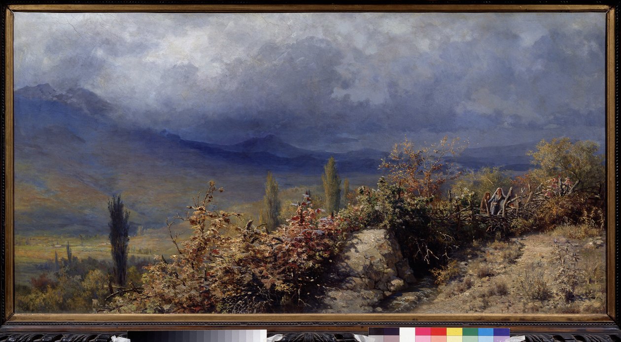 Vue de la Crimee en automne（克里米亚秋景）。格里戈里（格里戈里，格里戈里）-格里戈里耶维奇-米亚索耶多夫（Myasoedov，Miasoedov）（1834-1911 年）的绘画，纸上水彩。 作者 格里戈里·格里戈里耶维奇·米亚索多夫