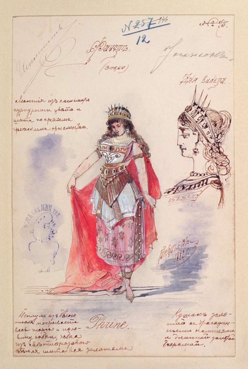 服装设计为歌剧“浮士德”中的Phrine作用，作者：Charles Gounod（1818-93）1882年（水粉笔在纸上） 作者 格里戈里耶夫