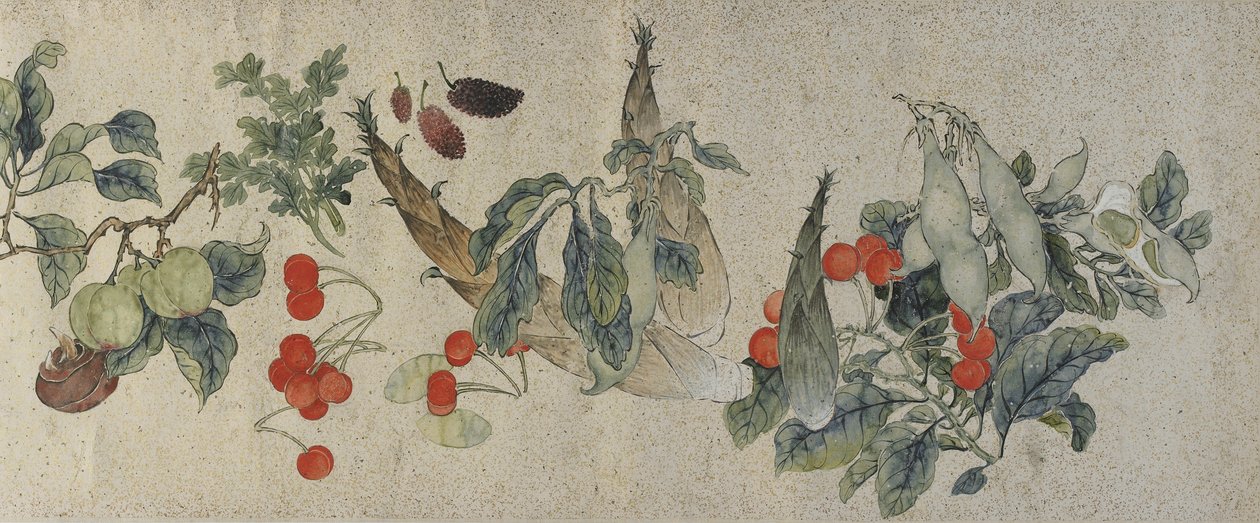 清代的蔬菜和水果，1828年（金色斑点纸上的墨水和颜色） 作者 古罗