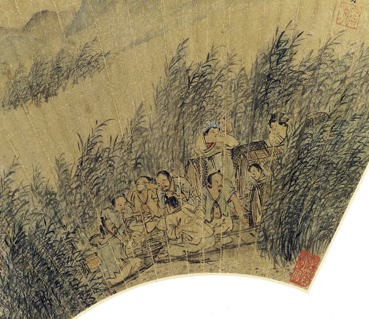 渔夫细节小船的，陶醉在河墨水和颜色边缘在金纸 作者 古倩