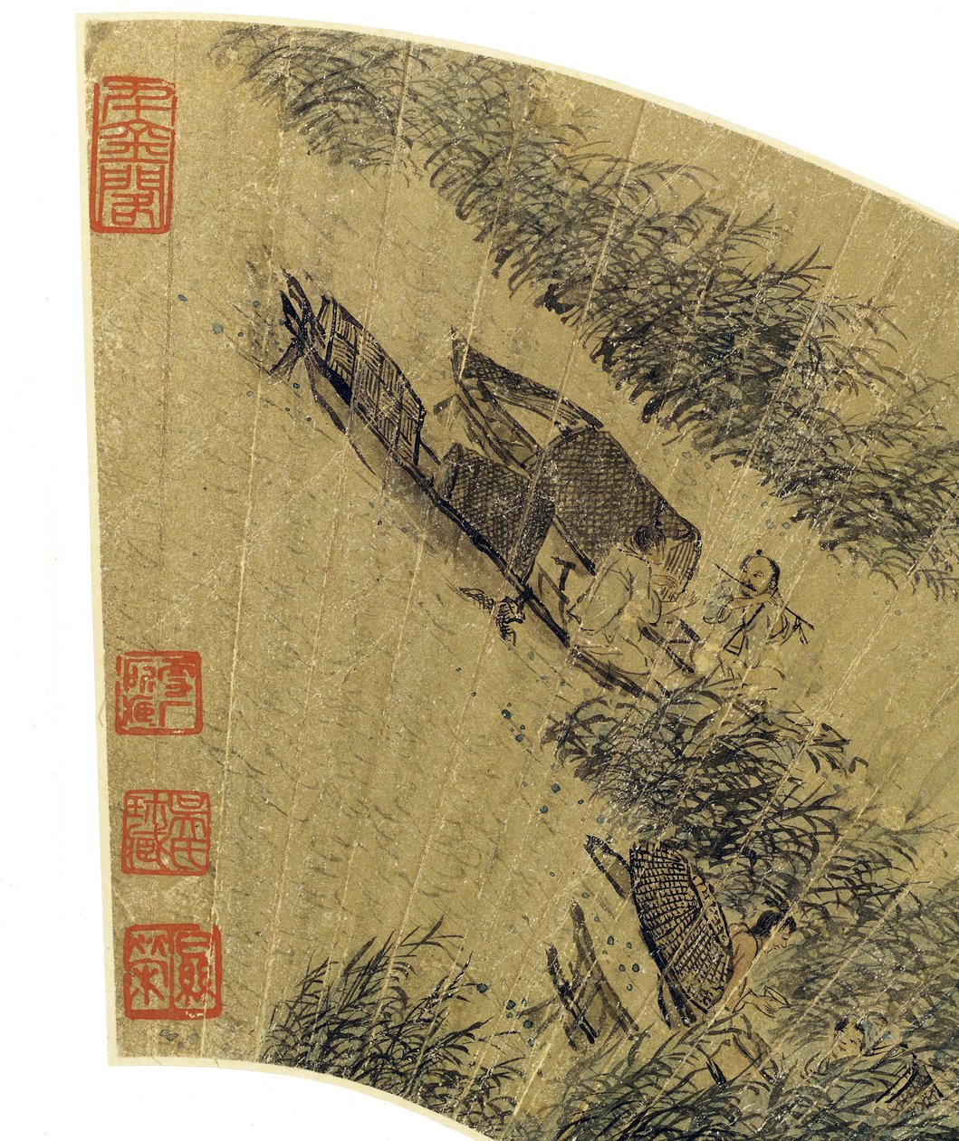 渔夫细节小船的，陶醉在河墨水＆颜色边缘在金纸 作者 古倩