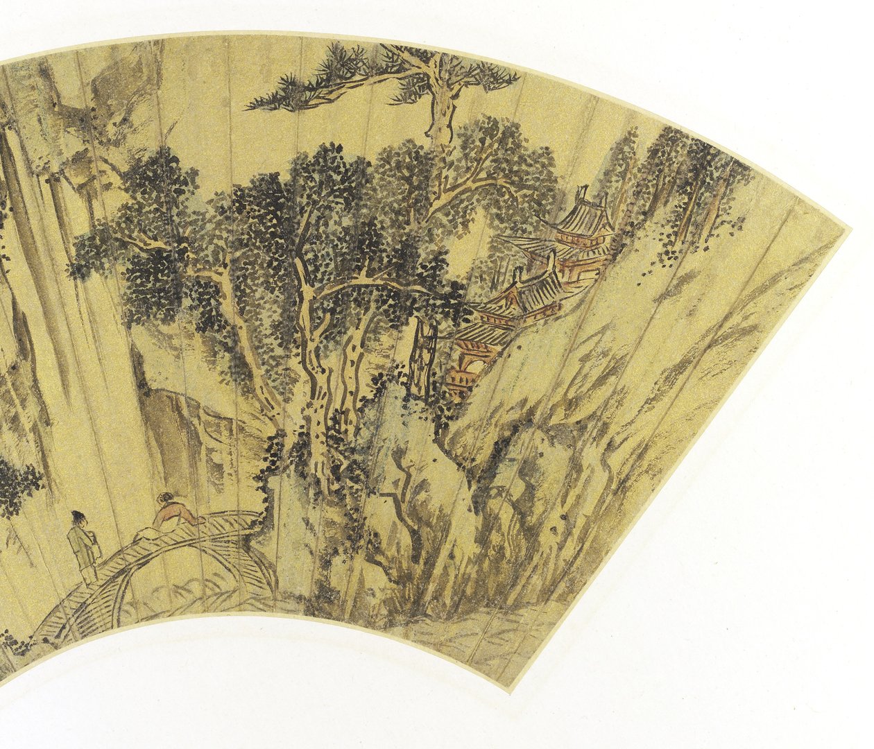 多山风景细节与两个图的在桥梁，1558墨水＆颜色在金纸 作者 古倩