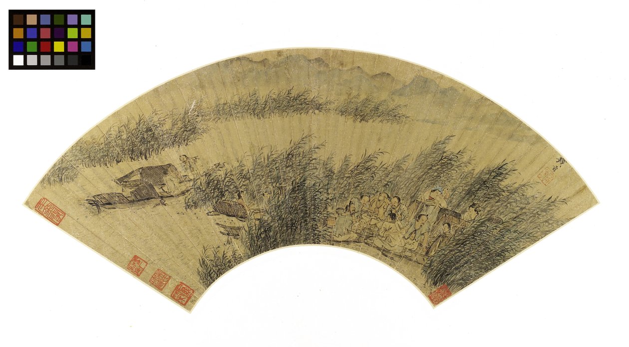 小船上的渔民，陶醉在河边（金纸上的墨水和颜色） 作者 古倩