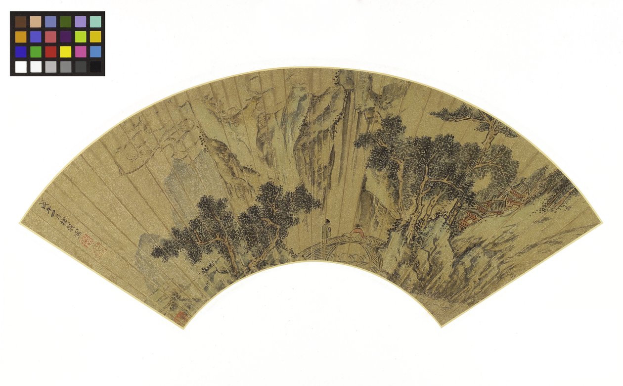 山上景观与桥上的两个数字，1558（金纸上的墨水和颜色） 作者 古倩